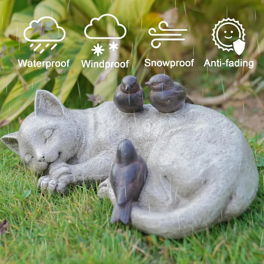 Sleeping Cat and Sparrows Garden Statues