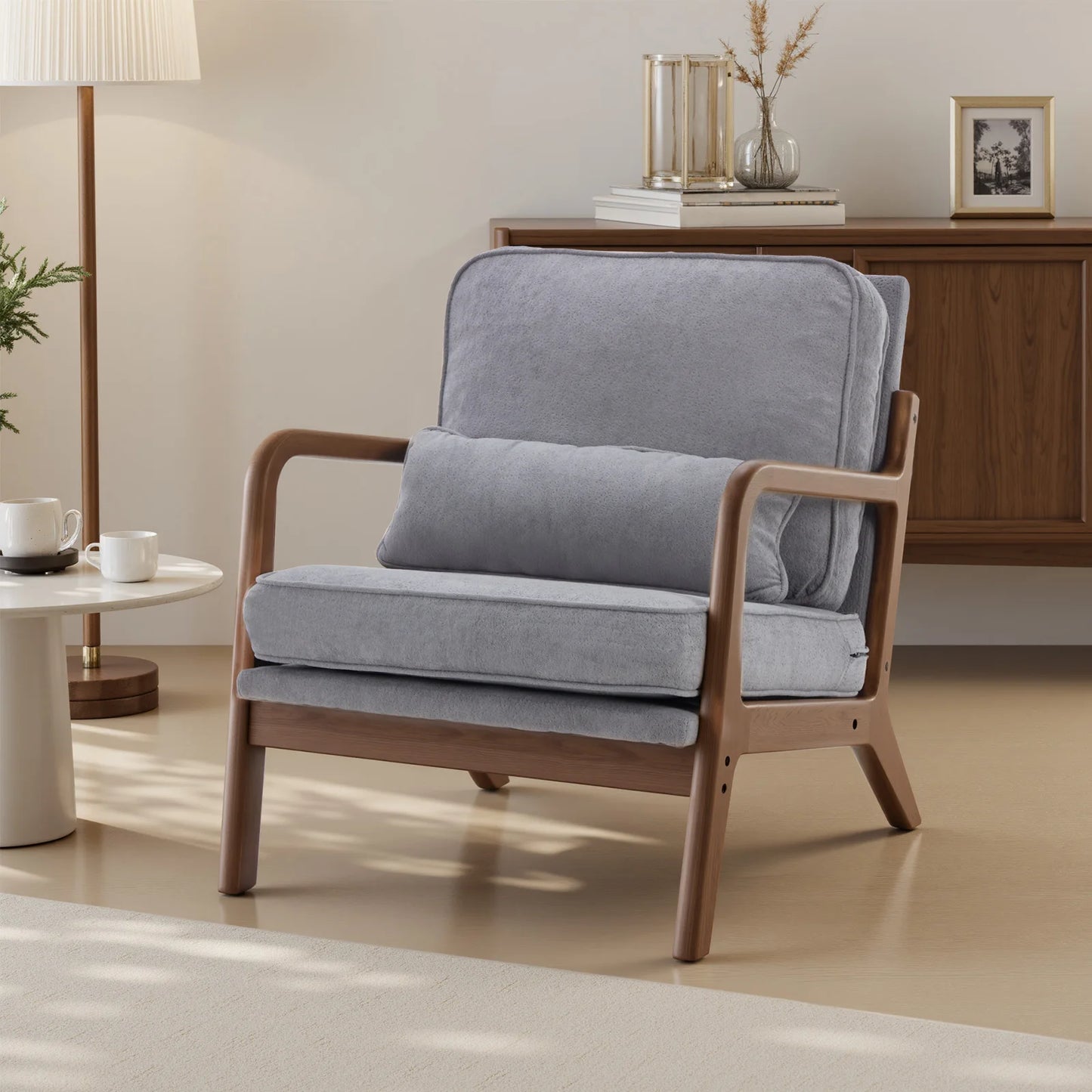 Wooden Frame Accent Chair and Waist Cushion