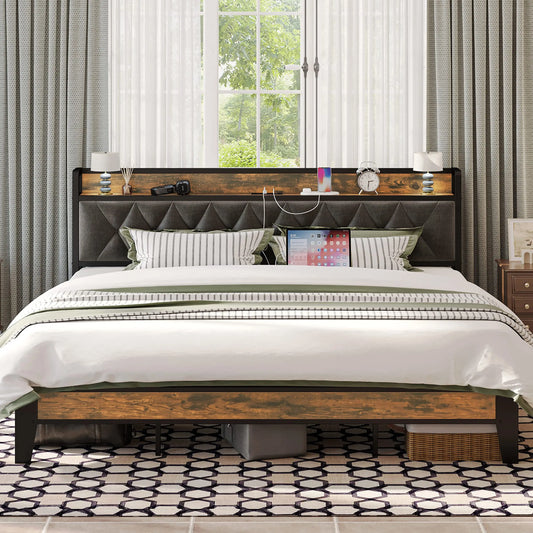 Wooden Bed Frames, Storage Headboard with Outlets