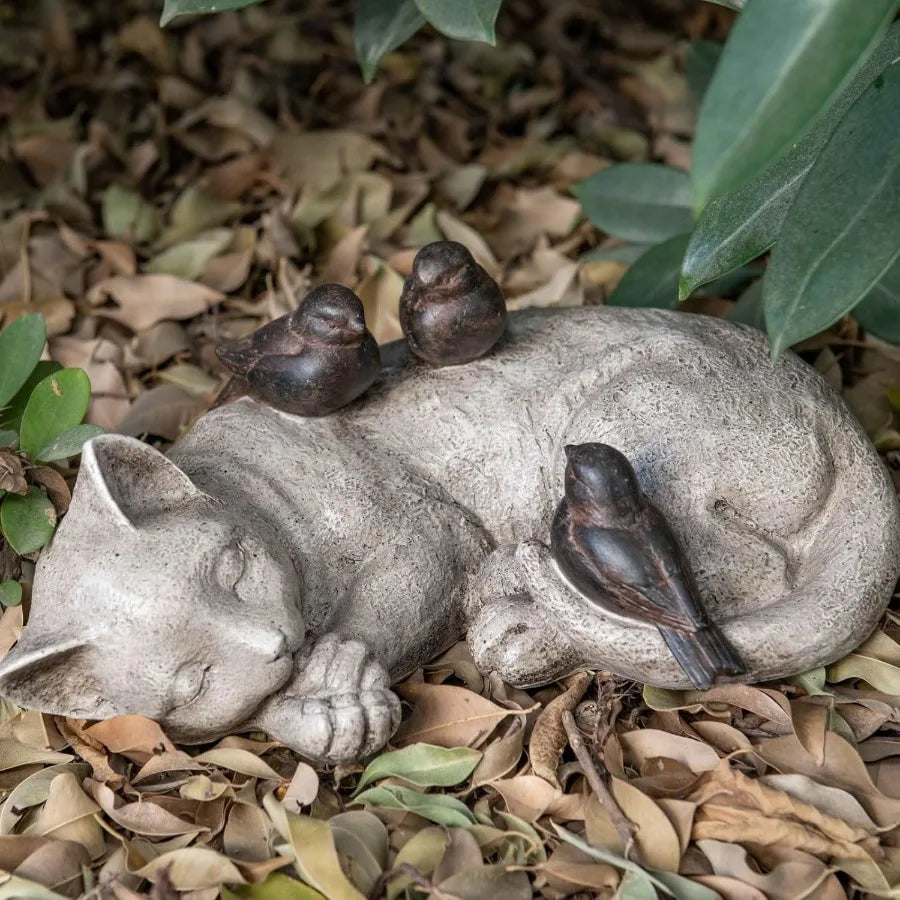 Sleeping Cat and Sparrows Garden Statues