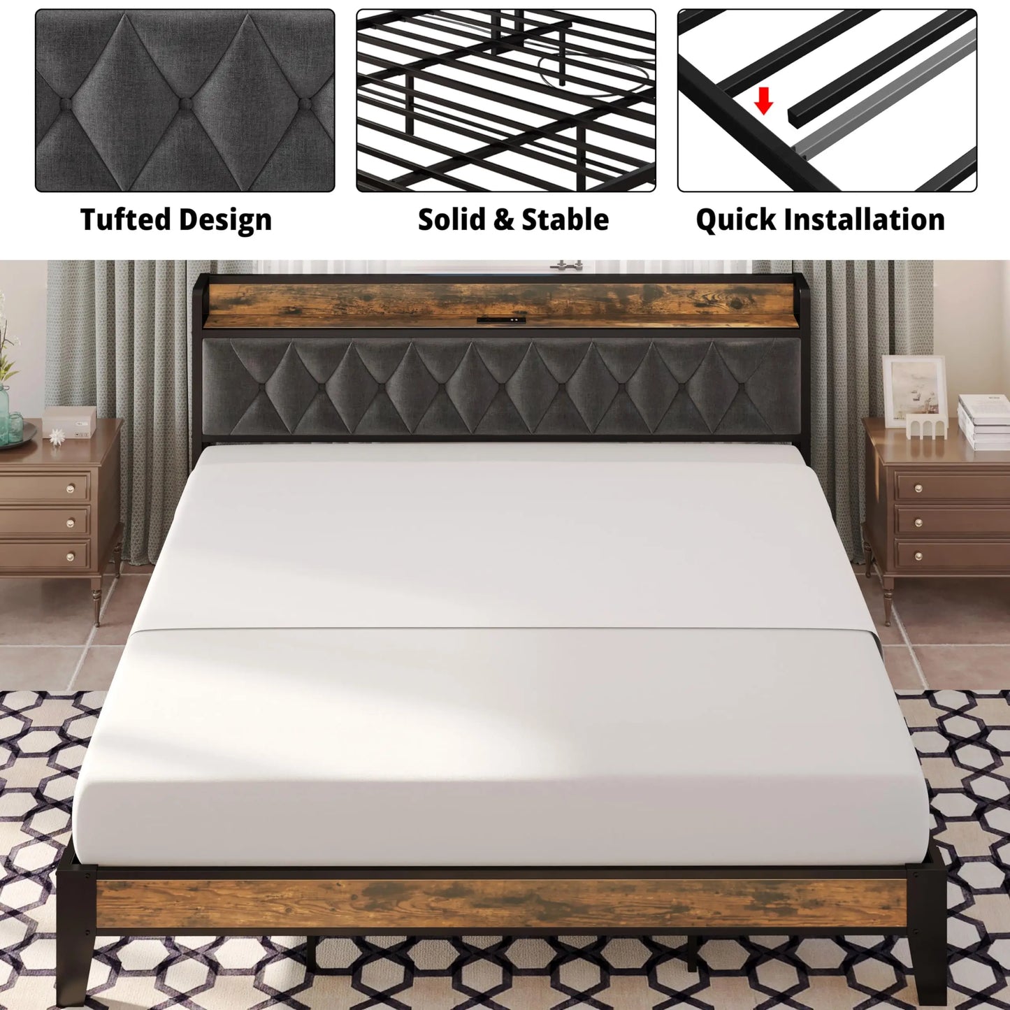 Wooden Bed Frames, Storage Headboard with Outlets