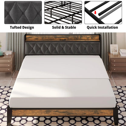 Wooden Bed Frames, Storage Headboard with Outlets