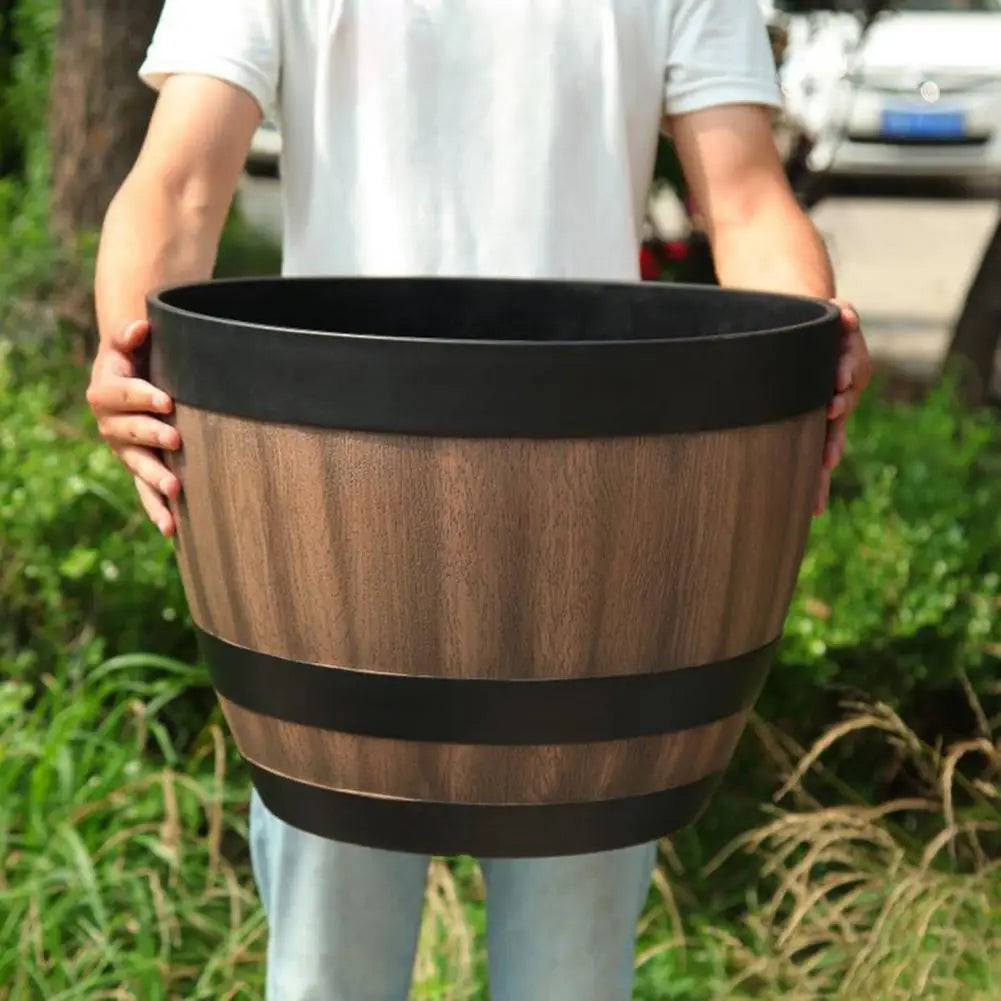 Wooden Barrel-style Plastic Flower Pot