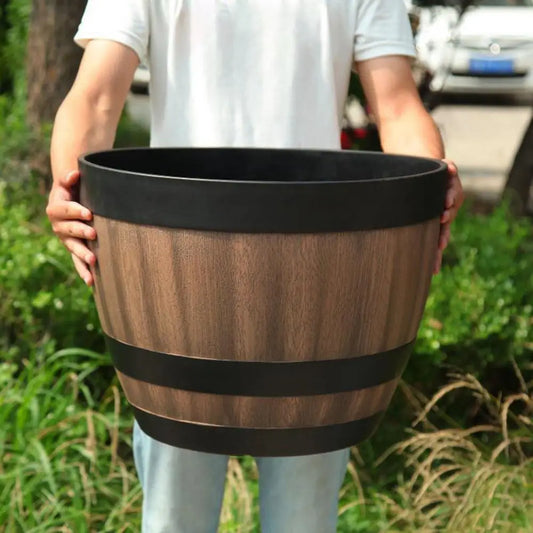 Wooden Barrel-style Plastic Flower Pot
