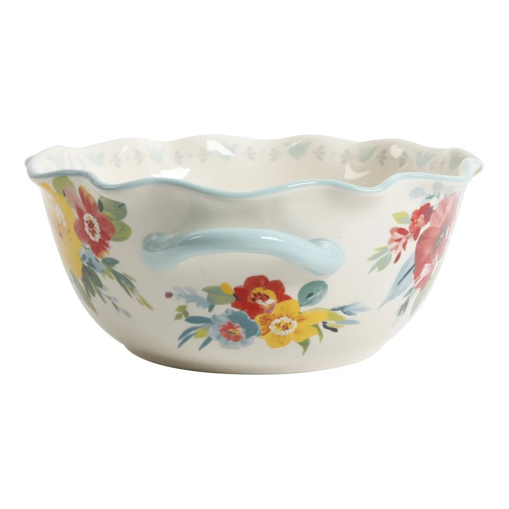 Large Ceramic Bowl with Handles Scalloped Edge