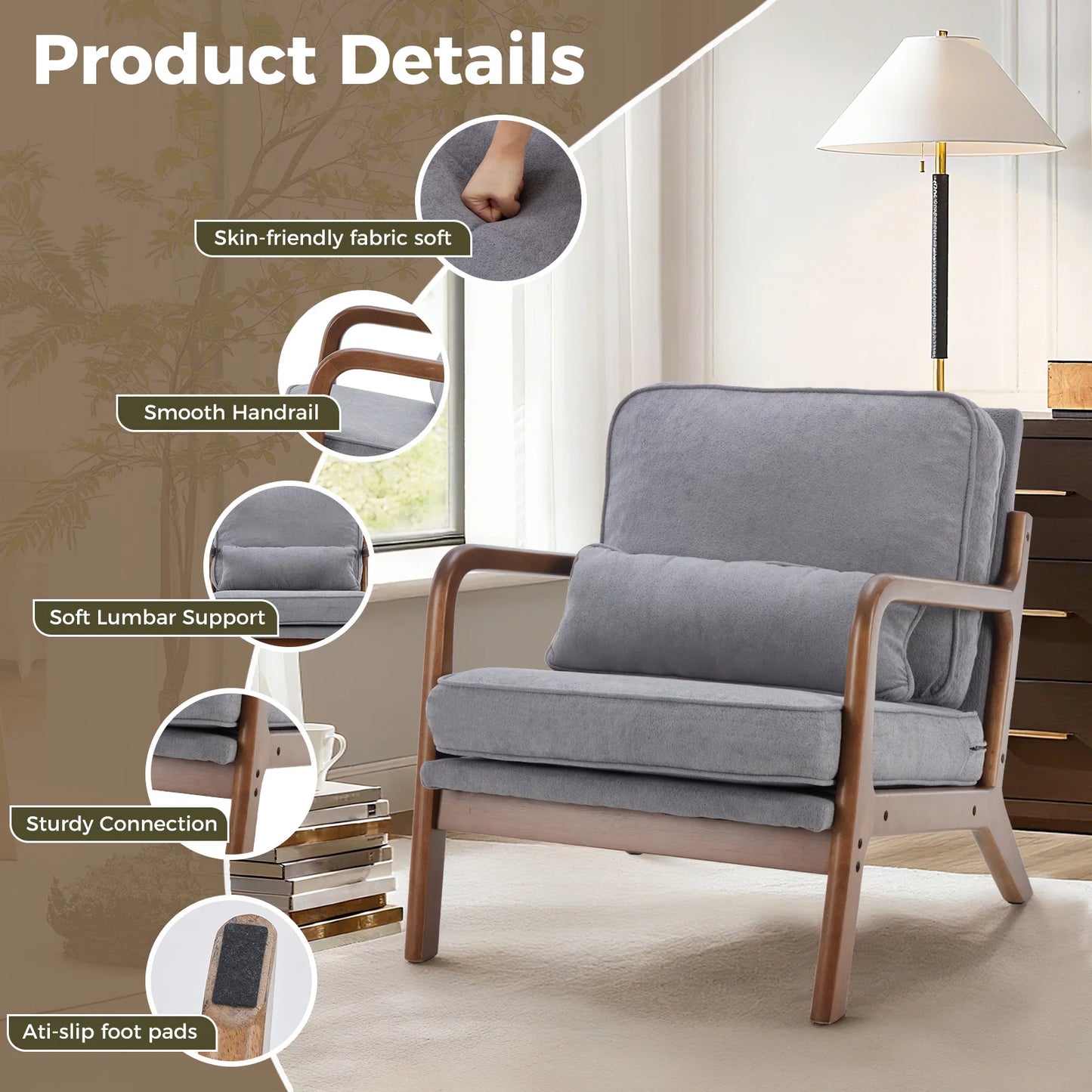 Wooden Frame Accent Chair and Waist Cushion