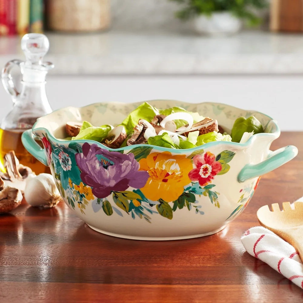 Large Ceramic Bowl with Handles Scalloped Edge