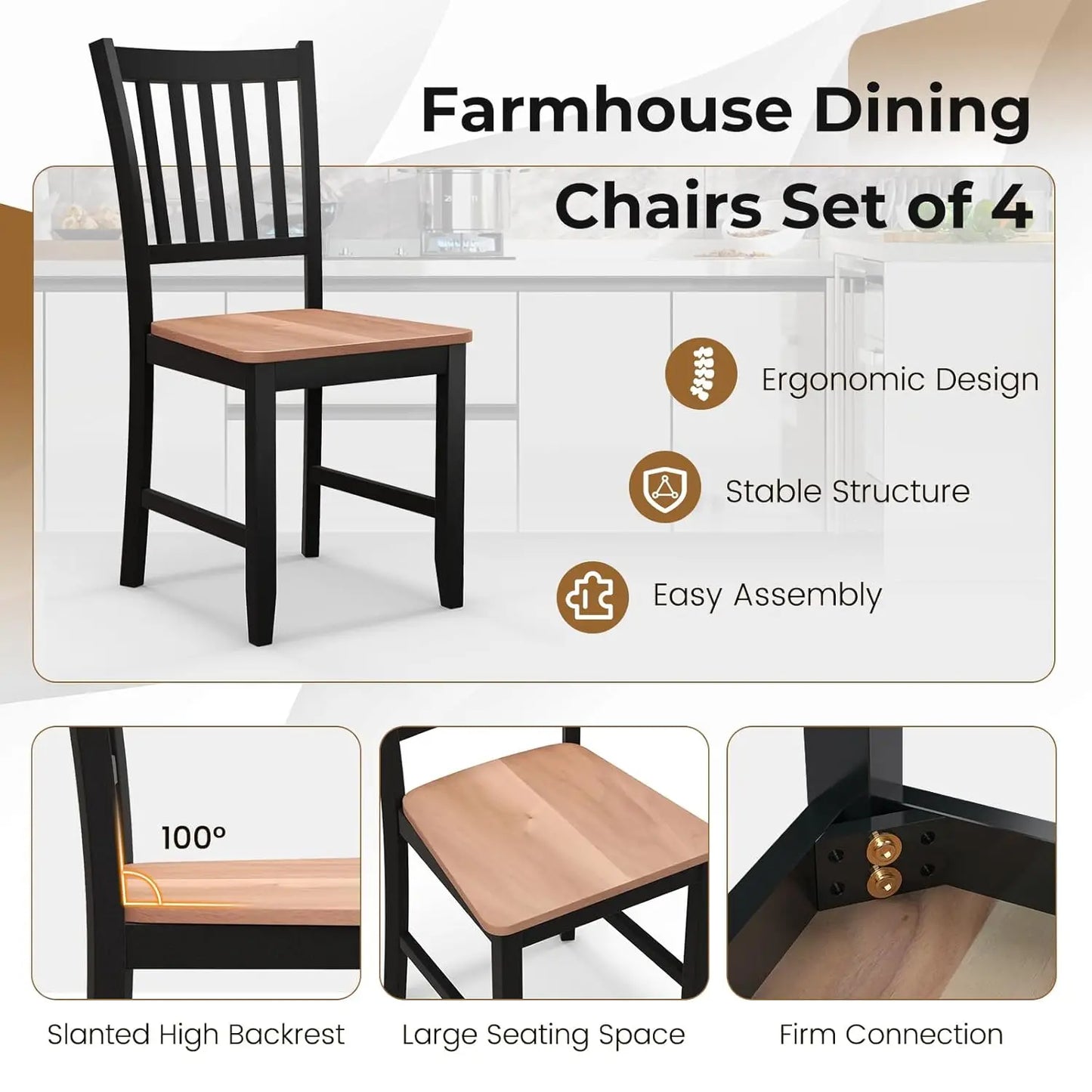 Wooden Farmhouse Dining Chairs Set of 4
