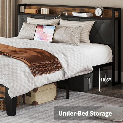 Wooden Bed Frames, Storage Headboard with Outlets