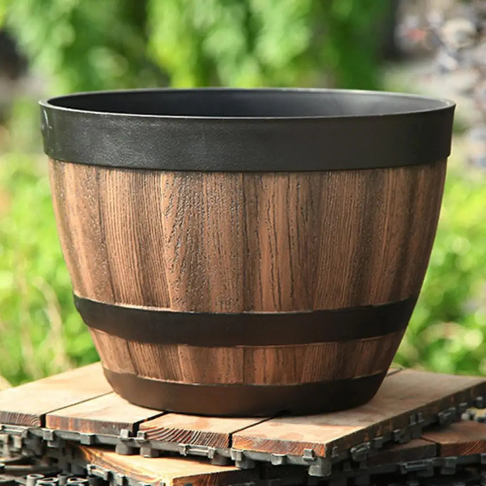 Wooden Barrel-style Plastic Flower Pot