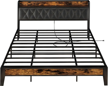 Wooden Bed Frames, Storage Headboard with Outlets