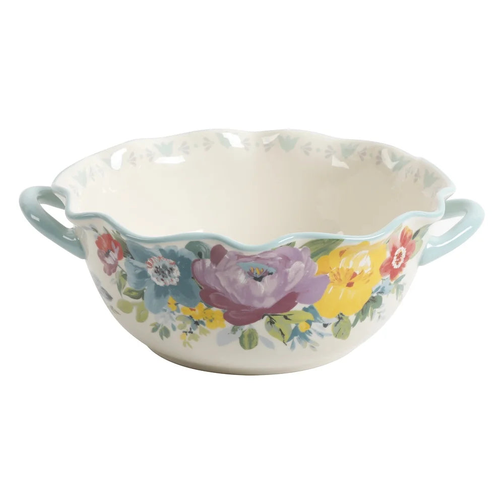 Large Ceramic Bowl with Handles Scalloped Edge