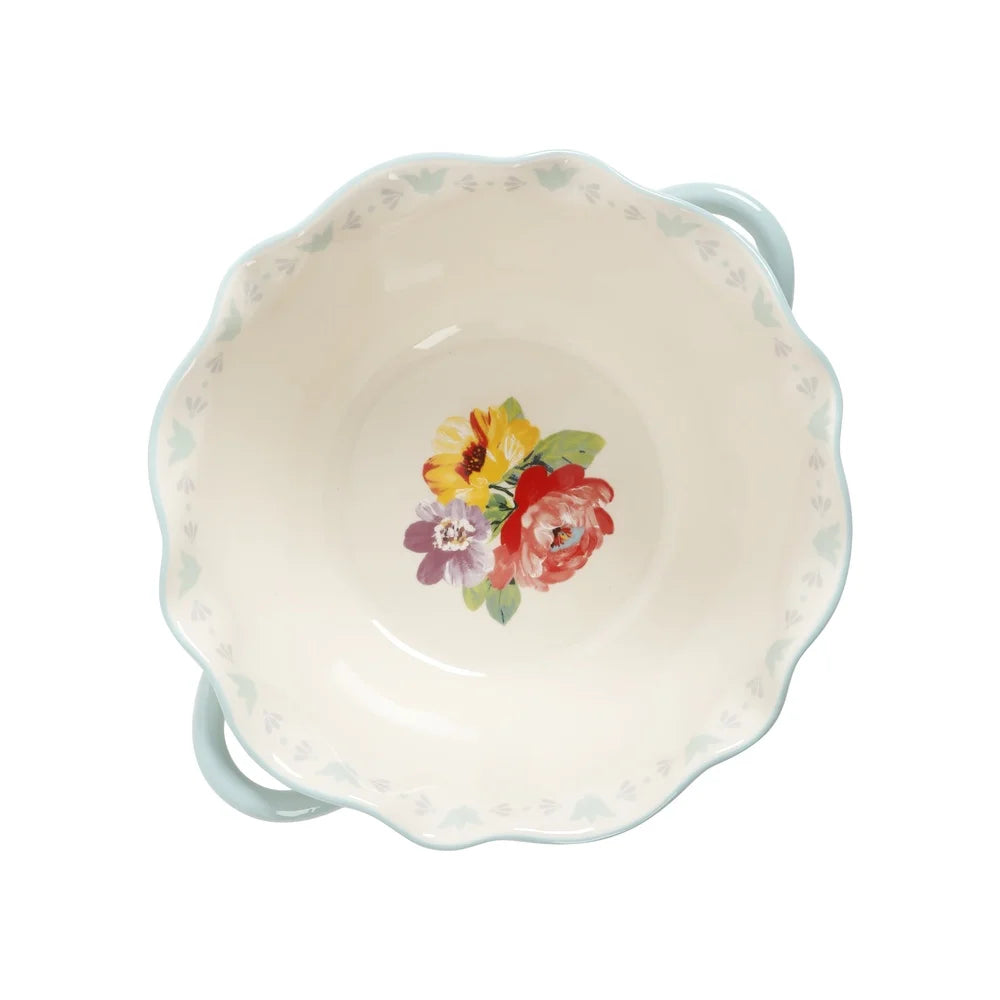 Large Ceramic Bowl with Handles Scalloped Edge