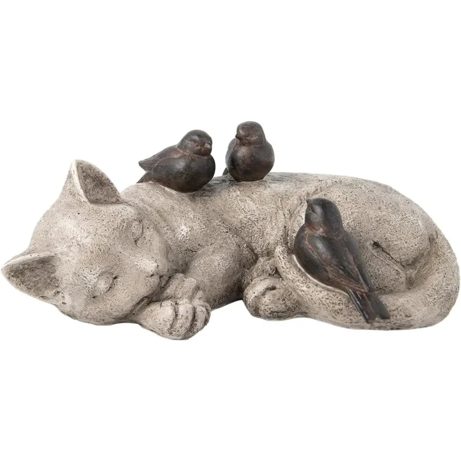 Sleeping Cat and Sparrows Garden Statues