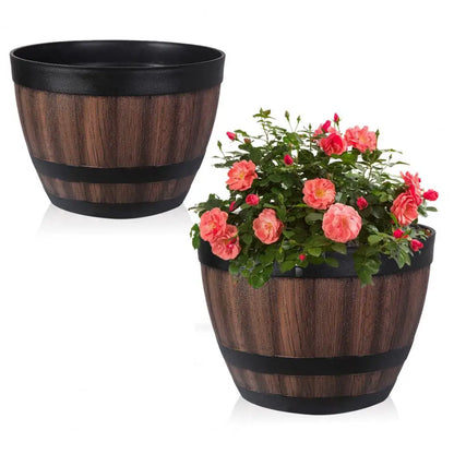 Wooden Barrel-style Plastic Flower Pot