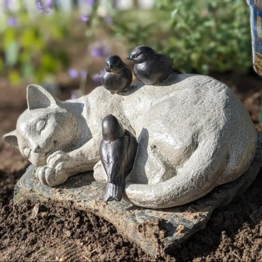 Sleeping Cat and Sparrows Garden Statues