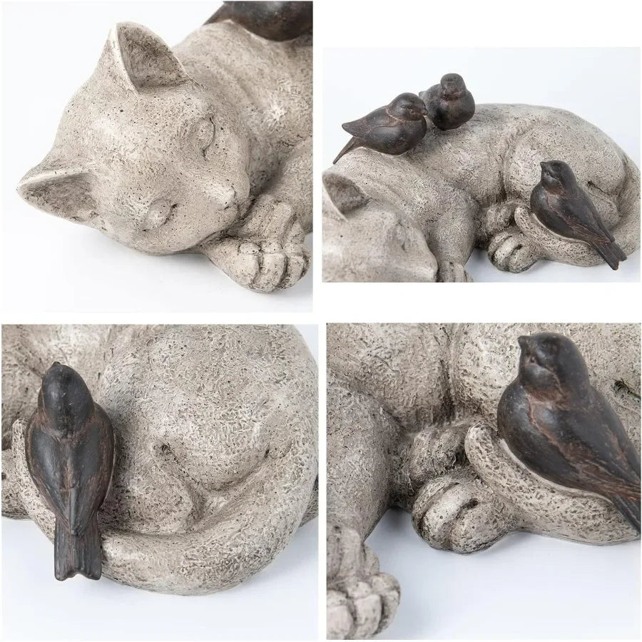 Sleeping Cat and Sparrows Garden Statues