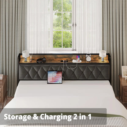 Wooden Bed Frames, Storage Headboard with Outlets