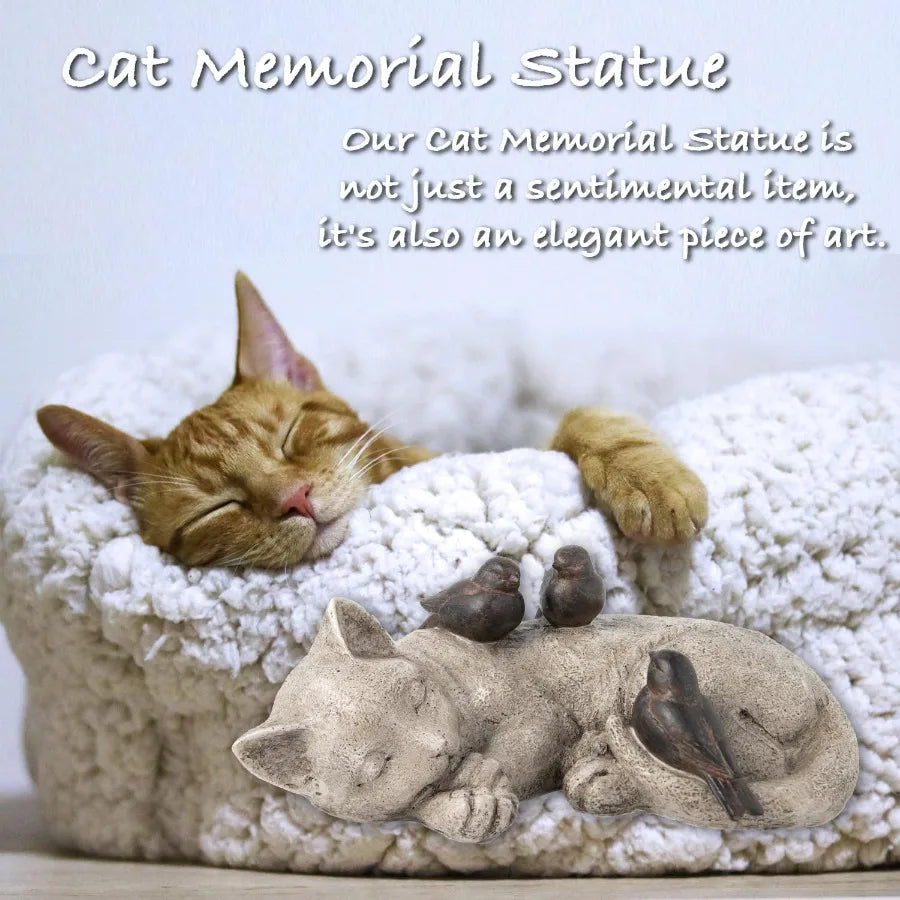 Sleeping Cat and Sparrows Garden Statues