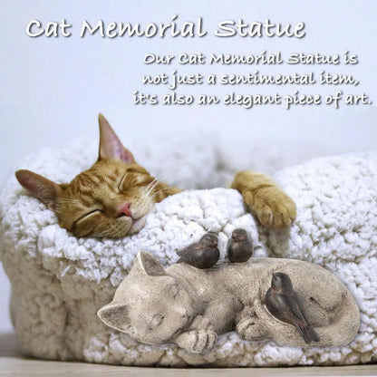 Sleeping Cat and Sparrows Garden Statues