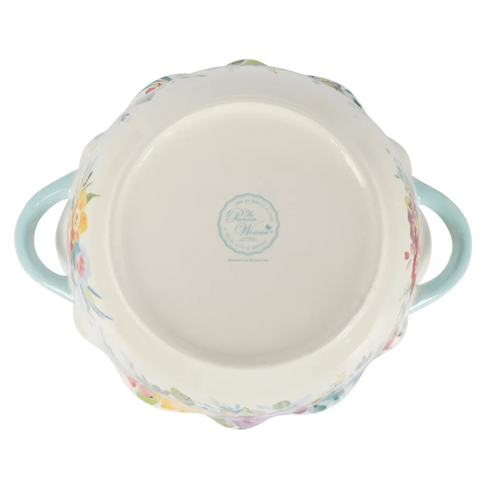 Large Ceramic Bowl with Handles Scalloped Edge