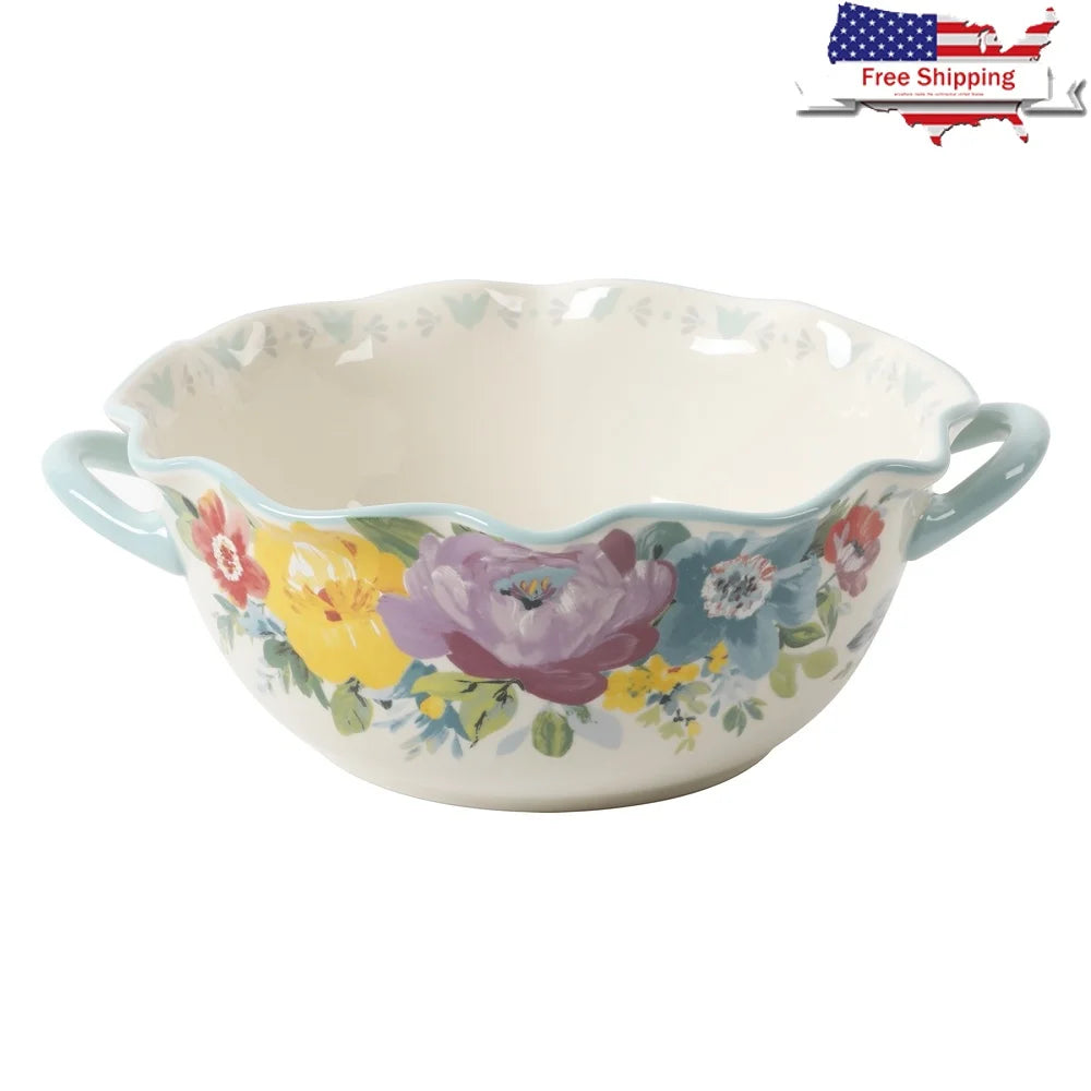 Large Ceramic Bowl with Handles Scalloped Edge