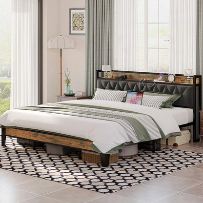 Wooden Bed Frames, Storage Headboard with Outlets